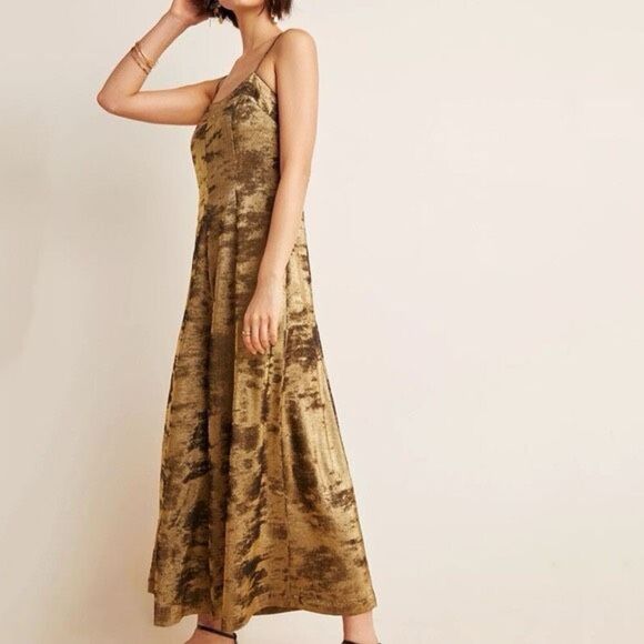 Anthropologie Women’s Erika Metallic Satin Burnout Spaghetti Strap Wide Leg Jump - Picture 12 of 12